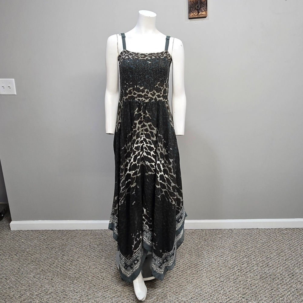 Soft Surroundings Maxi Sundress Large Animal Print Smocked Handkerchief Hem Boho